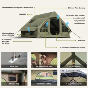 Army Green Waterproof Windproof Inflatable Tent for Camping