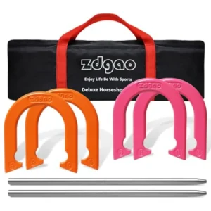Backyard and beach outdoor game set: solid steel horseshoes and stakes.