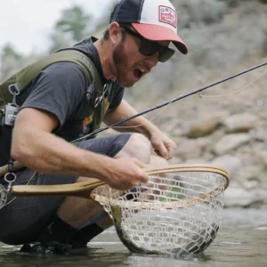 Wooden Frame Fly Fishing Landing Net with Soft Knotless Rubber Mesh.