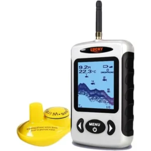 Handheld fish finder for boat and kayak use, ABS plastic body.